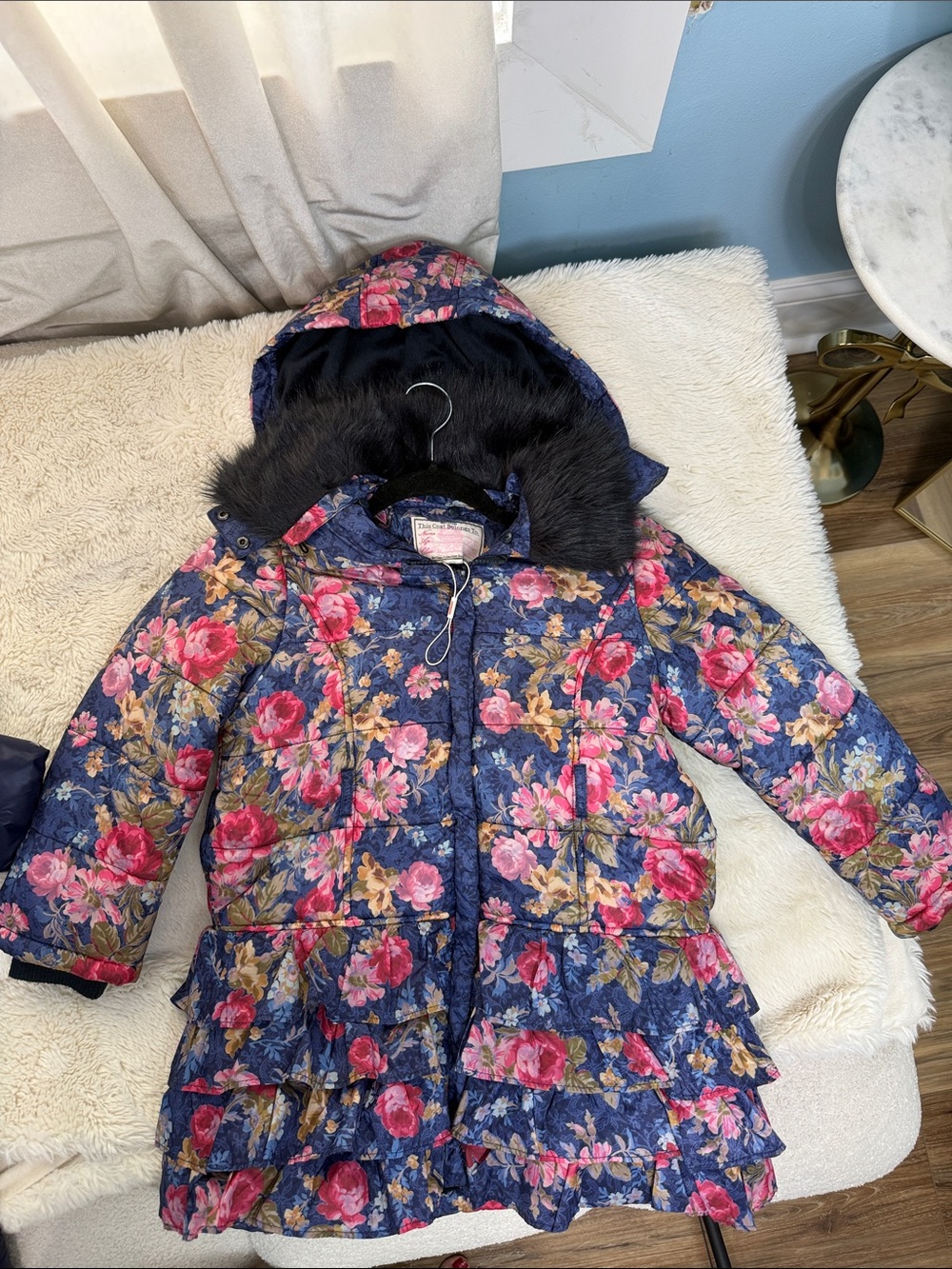 Girls Navy Floral Quilted Hooded Puffer Coat with Faux Fur Trim